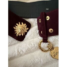 Ceinture Vintage Ysl Carmin Daim Et Cuir Intérieur - 3 Visages Soleil Et Une Breloque C?ur 