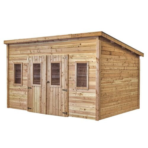Abri Madriers Fabriqué En Douglas Massif Bois Français Naturellement Durable / 28 Mm / Toit Monopente Couverture Plaques Tôle Acier Galvanisé S 320 G