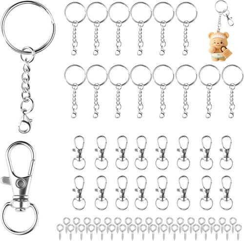 KALANKA-Anneau Porte Clé Attache Porte avec Chaîne Mousqueton Clé Lot Crochet Porte Clef Kit Boucle Keychain pour Diy Bricolage Bijoux Support Perle Porte Clé Sacs Décor Argenté105Pcs