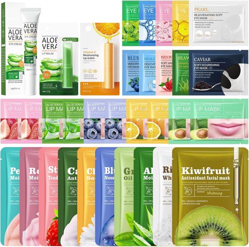 Kalanka-33 Masques Faciaux En Tissu Pour Tous Types De Peau, Masques Hydratants Et Apaisants, Patchs Pour Les Yeux, Masques Pour Les Lèvres, Baume À Lèvres, Crème Pour Les Yeux, Coffret Cadeau Pour F 