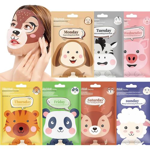 Kalanka-7 Pièces Masque Tissu Visage,Masque Visage Enfant,Masque Hydratant Visage,Masque Visage Femme Avec Imprimé Animalier,Masques D¿Animaux De Dessin Animé