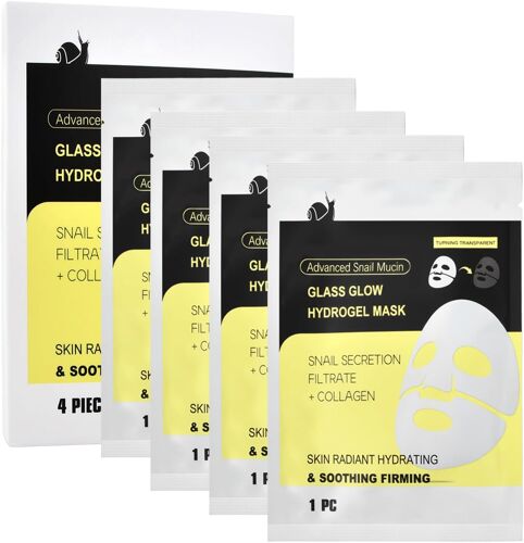 Kalanka-4 Pièces Masques Avancés En Hydrogel À Mucine D'escargot Pour Visage, Masque Au Collagène, Masque Facial Peel-Off Hydratant En Profondeur Pendant Nuit Pour Booster Hydratation, Éclat, Douceur 