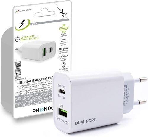 KALANKA-Chargeur mural USB C pour Apple Samsung Huawei Xiaomi | Alimentation italienne pour iPhone 12 11 Pro Max, Galaxy S21 S20 | Chargeur PD 18 W USB-C et Quick Charge 3.0 USB-A