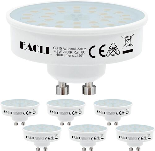 Kalanka-Ampoules Led Ultra Mince Gu10 Blanc Chaud, 4.8w ¿¿Quivalent Halog¿¿Ne 65w, Lot De 6, 2700k 450lm ¿¿Clairag Sans Scintillement, Large Faisceau 120¡Ã Spot, Non Dimmable Ac 230v, ?50 X H30mm