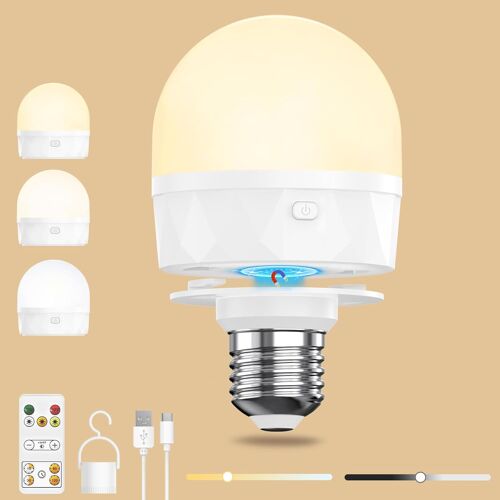 Kalanka-Ampoule Led E27 Rechargeable Avec T¿¿L¿¿Commande, Batterie Usb C Rechargeable Avec Batterie De 2200 Mah, Crochet Magn¿¿Tique, 3 Couleurs, Minuterie ¿¿ Intensit¿¿ Variable, Sans ¿¿Lectricit¿¿, Pour ¿¿