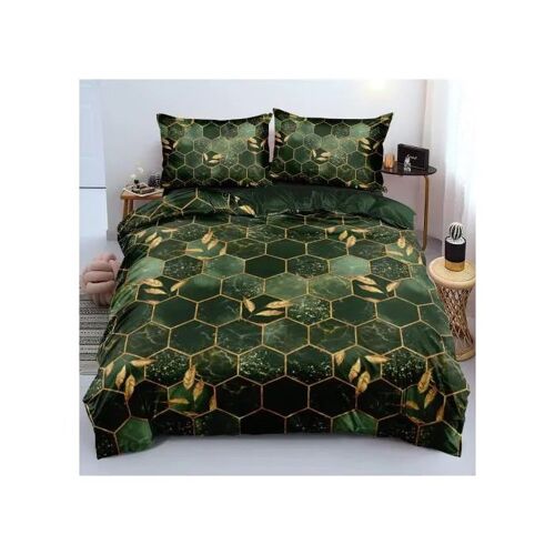 Parure De Lit - Parure Réversible Carreaux Dorés 3d - Vert Foncé - Microfibre Brossée - Oeko-Tex 135x200