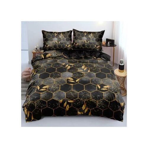 Parure De Lit - 135x200 - Carreaux 3d Marbre Noir Et Or - Réversible - Microfibre Oeko-Tex