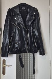 Blouson Similicuir Perfecto Zara Noir Coupe Loose/Oversize, Zips Argentés, Ceinture Taille 42 Xl