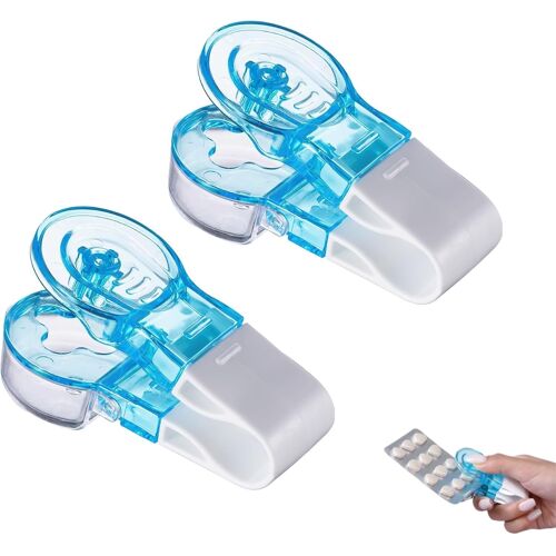 KALANKA-Pilulier Portable,2 Pièces Extracteur de Pilules,Petit Distributeur de Pilules avec Récipient,Outil de Pickup de Médicaments Sans Contact pour Ranger et Retirer les Pilules(Bleu)