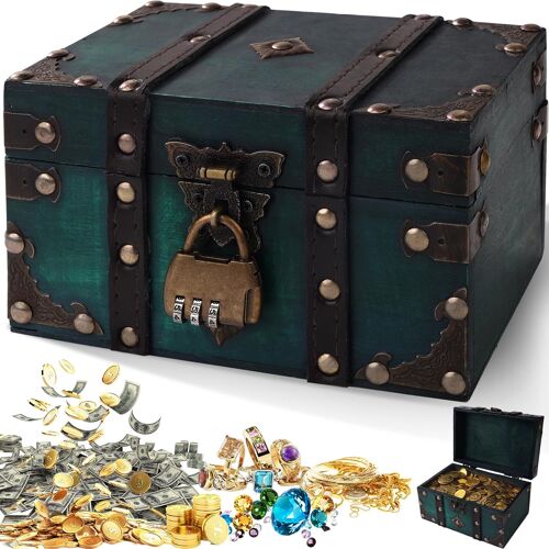 KALANKA-Coffre Trésor Vintage en Bois, Boite avec Cadenas Pirate, Coffre fort Enfant Bois a Code Boîte à Bijoux avec Couvercle Pour Enfant Tirelire pour Stockage, Décoration(Vert)