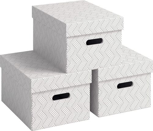 KALANKA-VON 61410001 Lot de 3 boîtes de rangement avec couvercle, 15 l, moyen, 100% carton recyclé, design géométrique, pour l'école, l'étude et la maison, blanc, 3 pièces