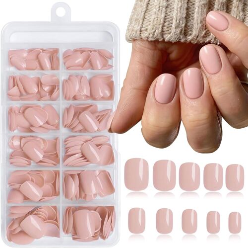 Kalanka-240 Pièces Ongles Carrés Nude Beige À Presser, Ongles Artificiels Courts Carrés, Couverture Complète, Faux Ongles En Acrylique Avec Onglets Adhésifs 