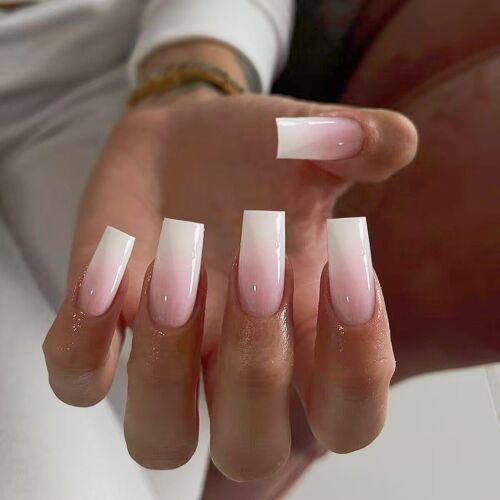 Kalanka-Faux Ongles Long ,Carré Nude Rose Gradient Blanc Press On Nails Avec Colle À Ongles,Pink White Smudged Acryl Fake Nails 