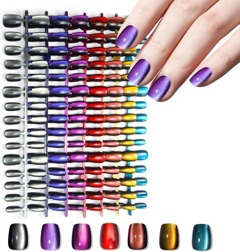 KALANKA-210pcs Cat Eye Press on Nails for Women 7 Colors Short Square Reusable Nail Tips in 15 Sizes Long Lasting Salon Fake Nails Stick on Artificial Acrylic False Nail Tips ¿ Chameleon Series