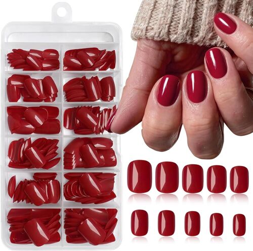 Kalanka-240 Pièces D'ongles Carrés Rouges À Presser Courts Faux Ongles Carrés Couverture Complète Ongles Artificiels Ongles En Acrylique Avec Bandes Adhésives 
