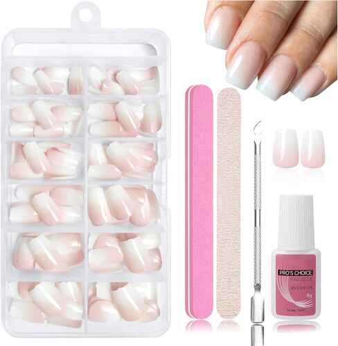 Kalanka-Press On Nails Lot De 240 Faux Ongles À Coller En Gel Souple Abs Avec Colle À Ongles De 8 Ml, Lime À Ongles, Repousse-Cuticules, Boîte De Rangement (Dégradé Rose, Carré) 