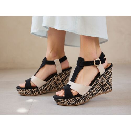 Sandales Noires Et Beige Talon Compensés Taille 36 Ixoo