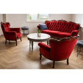 Salon baroque Louis XV velours rouge capitonné - 1 canapé + 2 fauteuils