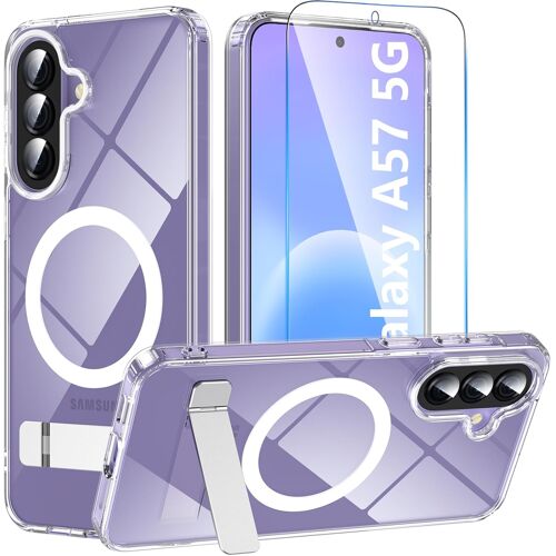 KALANKA-Coque pour Samsung Galaxy A57 5G avec Support réglable,Magnétique Housse Militaire avec Verre Trempé,Étui Mat Translucide Arrière Housse Antichoc Anti-Rayures pour Samsung A57,Transparent