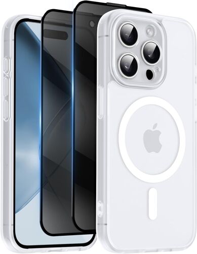 KALANKA-Helssitot Coque Magnétique pour iPhone 15 Pro Max avec 2 Verre Trempé Anti-Espion Compatible avec Mag Safe Militaire Étui Housse Antichoc Bumper Militaire - Blanc givré