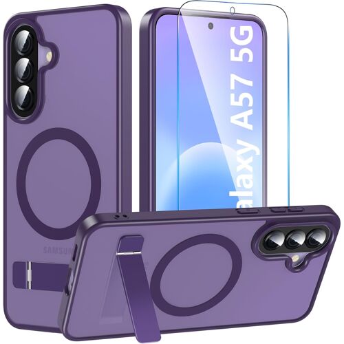 KALANKA-Coque pour Samsung Galaxy A57 5G avec Support réglable,Magnétique Housse Militaire avec Verre Trempé,Étui Mat Translucide Arrière Housse Antichoc Anti-Rayures pour Samsung A57,Violet