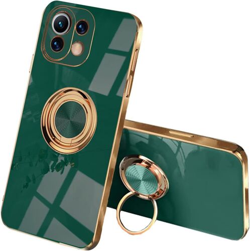 KALANKA-Mode Coque pour Xiaomi 11 Lite 5G NE/Xiaomi Mi 11 Lite, Très Mince Conception de Galvanoplastie Antichoc Housse avec Anneau Béquille, Souple TPU Silicone Élégant Étui.Vert foncé