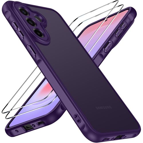 KALANKA-Coque Mat pour Samsung Galaxy A37 5G avec 2 Pièces Verre Trempé, [Protection Antichoc Militaire] [Protection Caméra] Arrière Translucide Étui Mince Bumper Housse, Violet Foncé