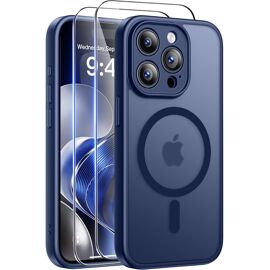 KALANKA-Magnétique Coque pour iPhone 15 Pro Max avec 2 Verres Trempés,Compatible avec Mag Safe [Anti-Jaunissement] Dos Anti Rayures Coque Antichoc Protection Militaire,Bleu Foncé