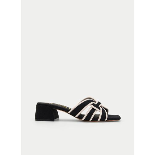 Sandale Talon Noire Avec Lanières Beiges Et N?ud Central