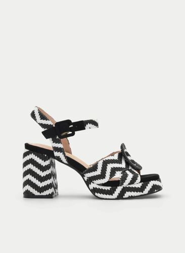 Sandale Talon Avec Plateforme Tissée En Blanc Et Noir Avec Boucle