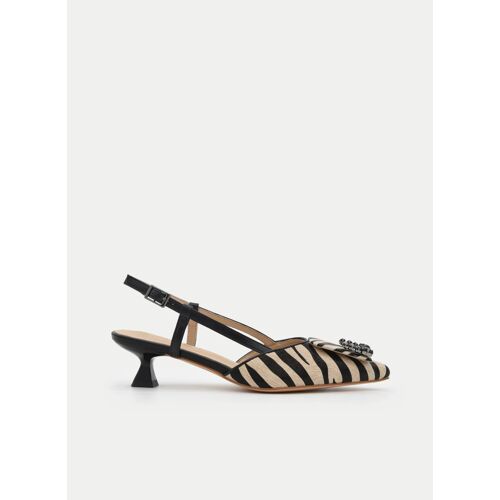 Escarpin Ouvert L¿arrière Imprimé Zèbre Beige Et Noir Avec Boucle