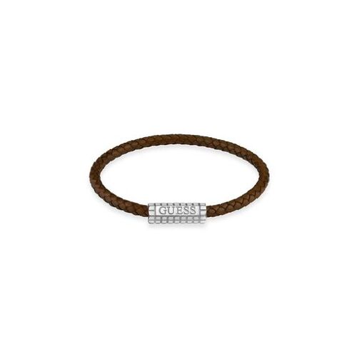 Bracelet Homme Guess Collection Mare Magnum - Cuir Véritable Tressé Marron Avec Plaque Acier Gravée