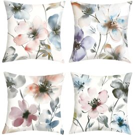KALANKA-Housse Coussin 45x45 Lot de 4 Fleurs Aquarelle Vintage Taie d'oreiller Fleur Plante Abstrait Housse d'oreiller pour Coussins Canapé Housses Home Décor