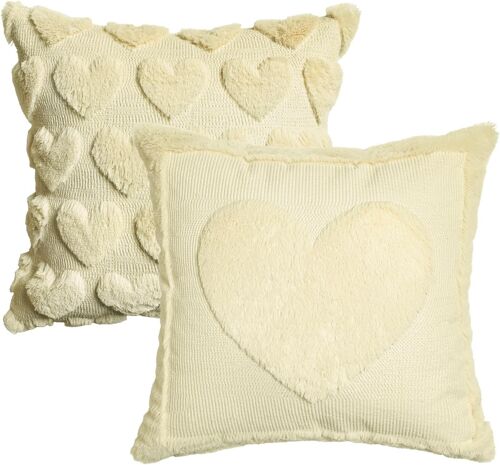 Kalanka-Lot De 2 Housses De Coussin Décoratives En Fourrure Synthétique Douce En Forme De C?Ur Beige - 45 X 45 Cm - Jacquard - Pour Canapé, Chambre À Coucher