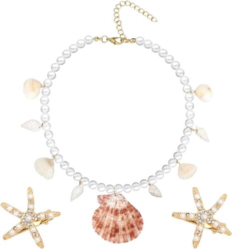 Kalanka-3 Pièces Collier Sirène Avec Coquillages Et Perles Et Pince À Cheveux Étoile De Mer,Accessoires De Décoration Pour Le Mardi Gras 