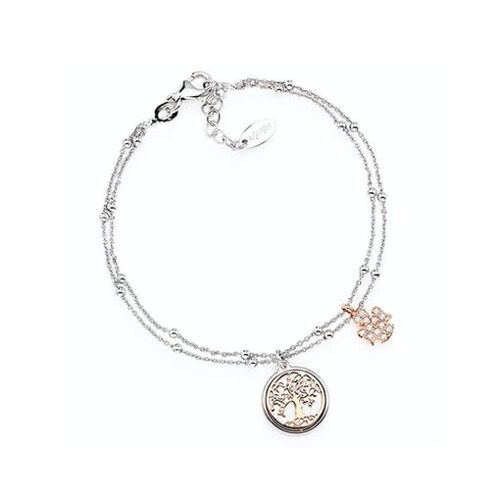 Bracelet Double Chaîne Femme Amen Br2al En Argent 925 - Pendentifs Arbre De Vie Et Trèfle Rose Avec Cristaux