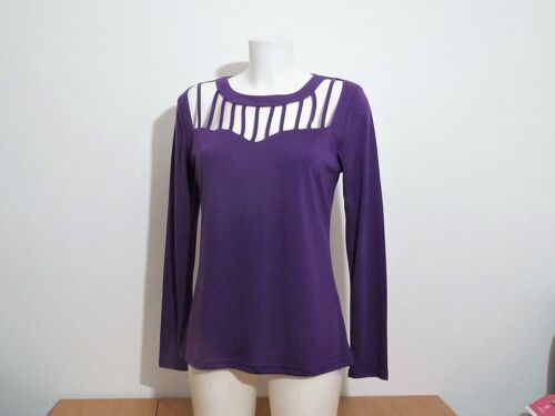 Tee Shirt/ Top Violet À Encolure Ajourée Et Manches Longues- Taille S- Neuf