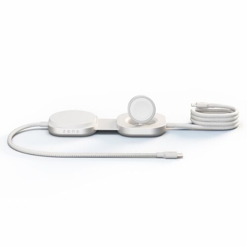 Zens Câble USB-C Pro 3 avec chargeur sans fil pour téléphone / earbuds / Watch MagSafe et Qi2 Blanc