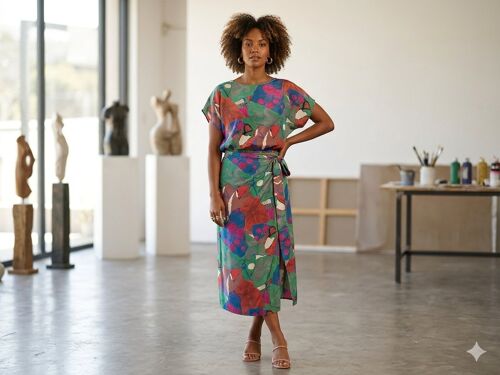 Ensemble Jupe Et Haut Imprimé Coloré Fluide Taille Unique Fait Par Une Couturière