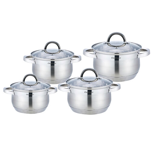 Ensemble De Cuisine 8 Pcs 4 Marmites Avec Couvercles Tous Feux Induction Cheffinger Argent
