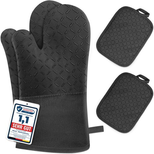 Ulteronixshop-Lot de 4 Gant Four Maniques Cuisine - Gant Four Anti Chaleur Jusqu'à 300 °C, Gants en Silicone Antidérapantes, en Coton Doux, 32cm Longs et Flexibles en Gant de Cuisine, Noir