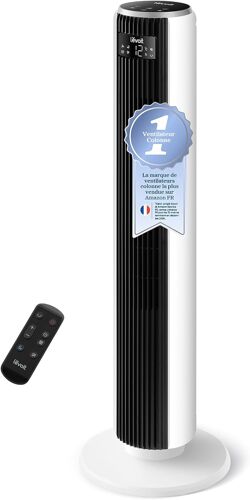 Ulteronixshop-20dB Ventilateur Colonne Silencieux, 7.9m/s DC Moteur, 26W, Oscillant 90° avec 12 Vitesses, Minuterie 12h, 4 Modes, Affichage LED de Refroidissementavec Télécommande, Blanc