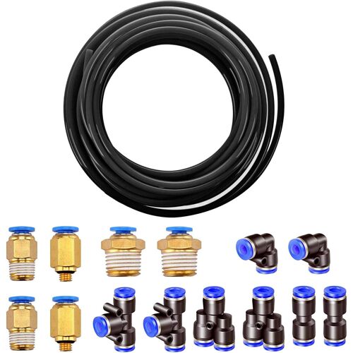 Ulteronixshop-10m PolyuréthaneTuyau Pneumatique 6mm Noir, PU Tuyau Air, avec 14 Connecteur Pneumatique 4mm (2 Droits, 2 Coudes, 2 Raccords en T, 2 Séparateurs en Y, 6 Raccords Filetés Mâle)