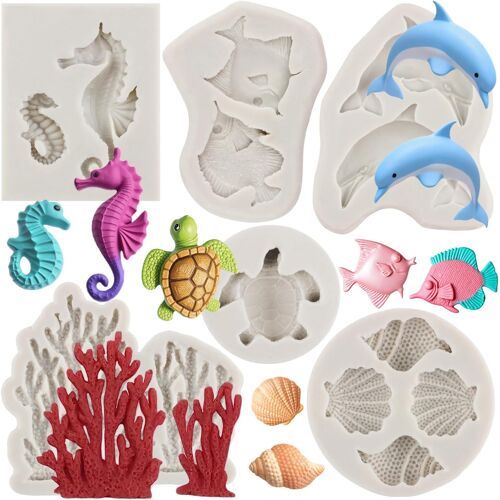 Ulteronixshop-Thème Marin Fondant Moule Coquillage Conque Corail Tortue Dauphin Baleine Hippocampe Poisson Moules En Silicone Pour Décoration De Gâteaux Cupcake Bonbons Gomme Pâte Polymère Argile Lot