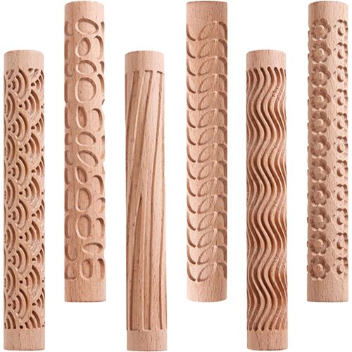 Ulteronixshop-Lot de 6 rouleaux à motifs en argile, kit de rouleaux à motifs en argile en bois, outils de poterie à motifs en argile avec manche en bois texturé pour bricolages, objets artisanaux
