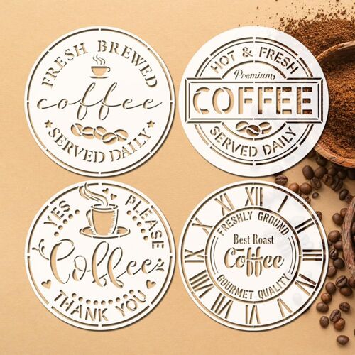 Ulteronixshop-Lot de 4 pochoirs à café, 30 x 30 cm, réutilisables, thème café fraîchement brewed, modèles de coloriage, pochoirs de dessin en plastique pour décoration de café, art mural de cuisine,