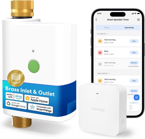 Ulteronixshop-Meross Programmateur Arrosage WiFi MST100 | Arrosage Automatique & Report Pluie - APP Contrôle | Suivi Conso d'eau | Raccord Double en Laiton | Compatible avec Apple HomeKit, Alexa et G