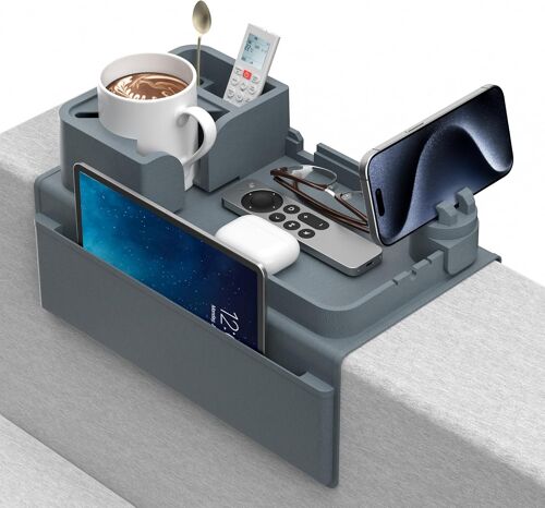 Ulteronixshop-Plateau Accoudoir Canapé Antidérapant, Range Telecommande avec Deux Poches Latérales, Organisateur de Canapé en Silicone avec Porte-gobelet, Support de Téléphone, Tablette, Magazines