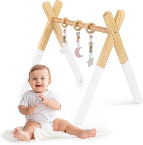 Ulteronixshop-Baby Gym En Bois Avec 3 Suspensions Sensorielles ¿ Sûr Pour Nouveau¿Nés ¿ Montessori ¿ Léger ¿ Dès 0 Mois ¿ Bois Naturel