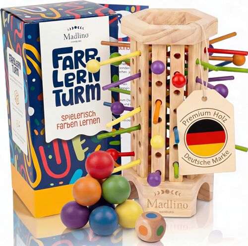 Ulteronixshop-Hambourg - Tour de couleurs - Jouet Montessori à partir de 3 ans pour filles et garçons - Jouet de motricité couleurs et dextérité - Cadeau pour enfants - Avec butoir à bille breveté en